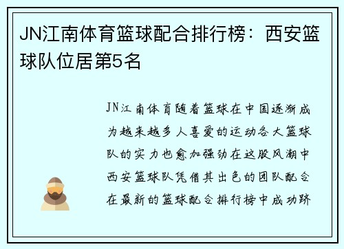 JN江南体育篮球配合排行榜：西安篮球队位居第5名
