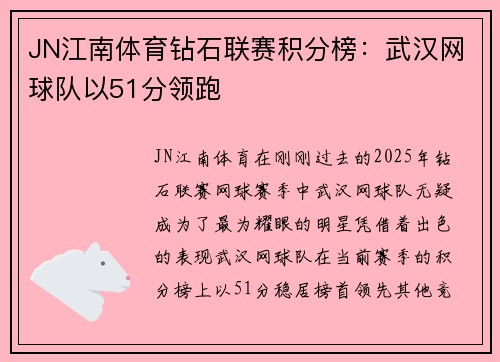 JN江南体育钻石联赛积分榜：武汉网球队以51分领跑